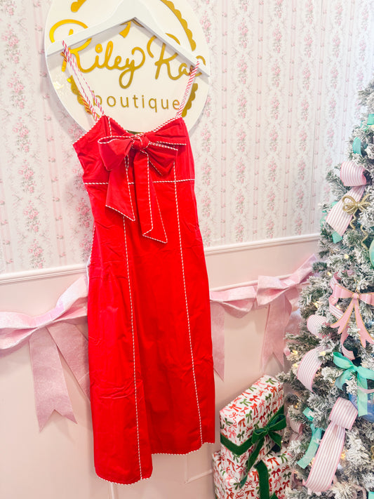 CONTRAST STITCHING BOW MIDI DRESS