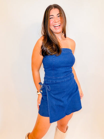 STRAPLESS DENIM WRAP SKORT ROMPER