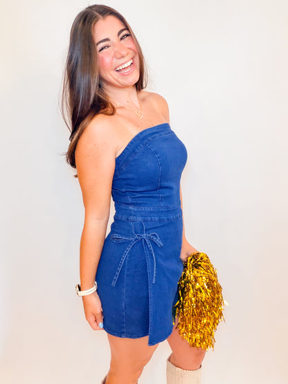 STRAPLESS DENIM WRAP SKORT ROMPER