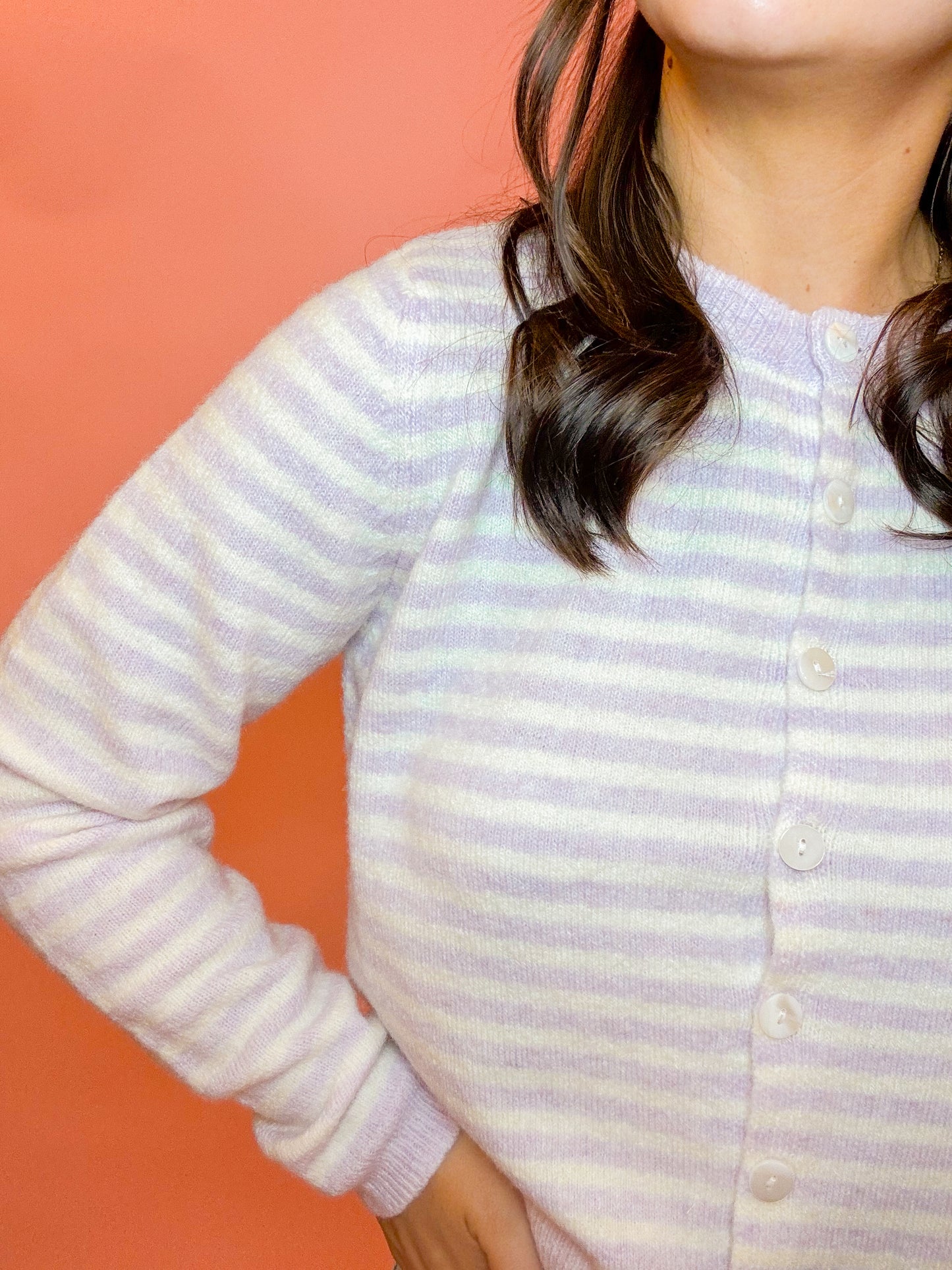 STRIPED SWEATER CARDIGAN - LAVENDER