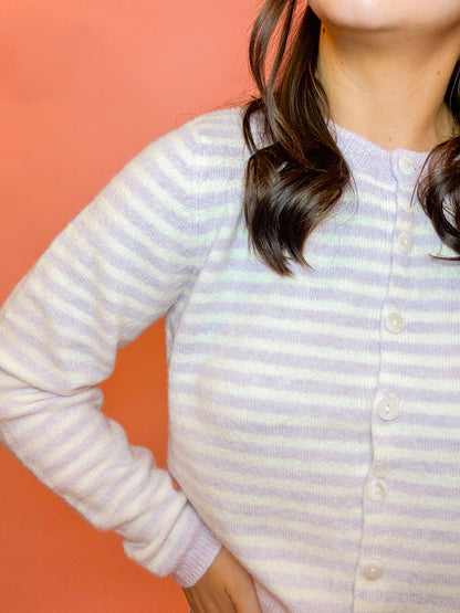 STRIPED SWEATER CARDIGAN - LAVENDER