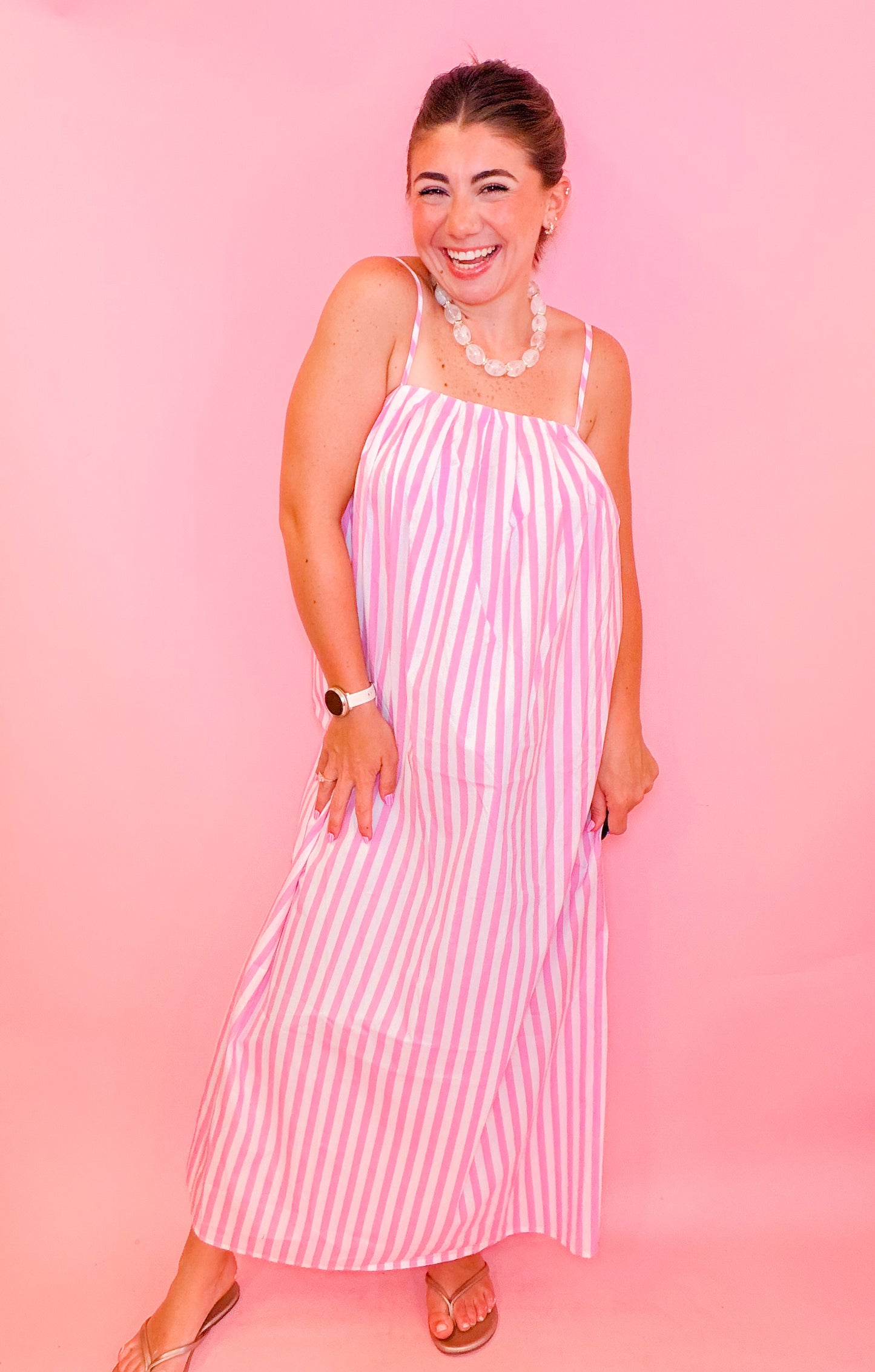 STRIPED MIDI DRESS - PINK/WHITE