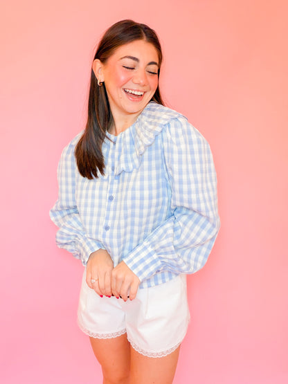 GINGHAM LONG SLEEVE BLOUSE - BLUE