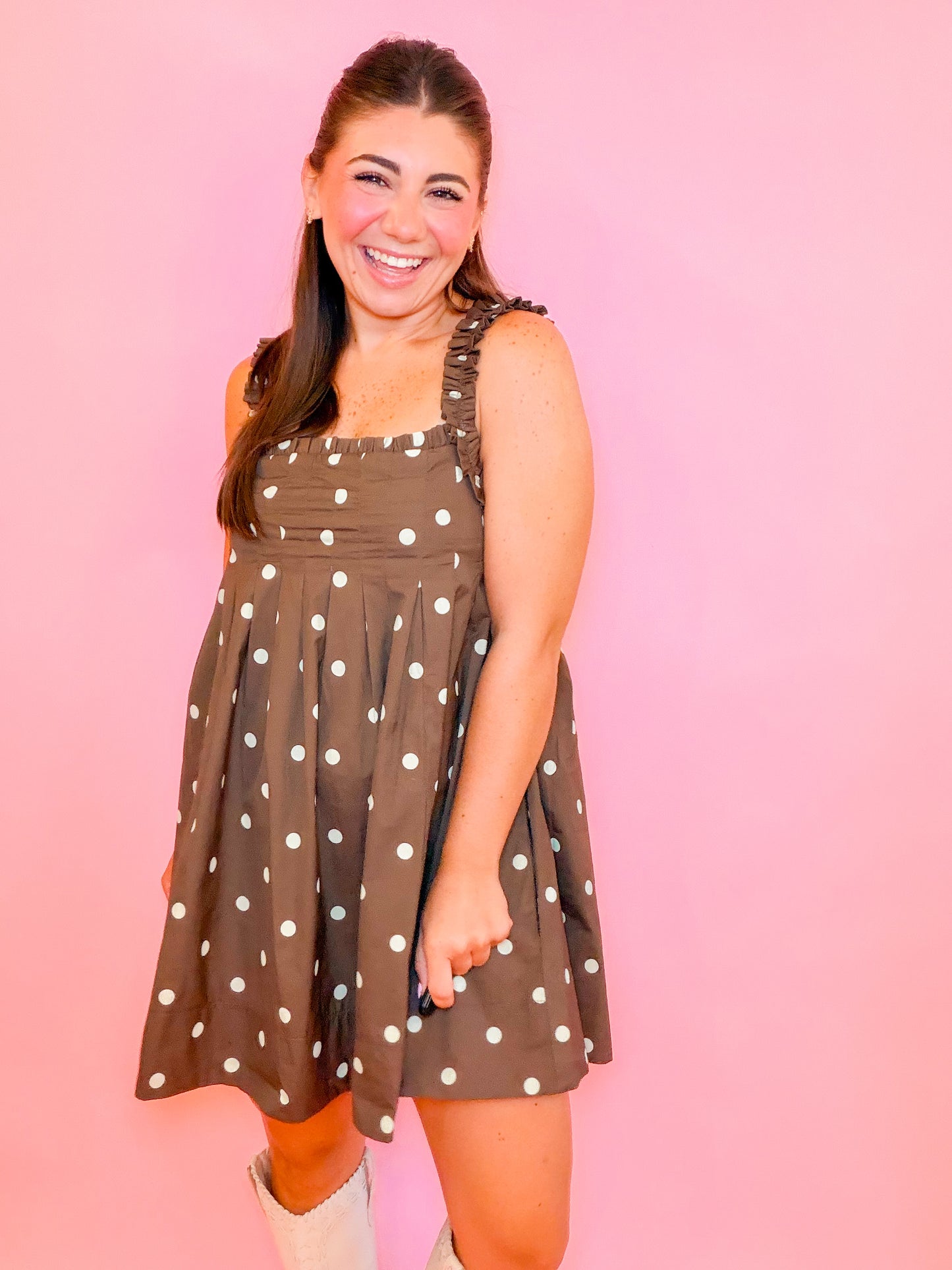 RUFFLED STRAP POLKA DOT MINI DRESS
