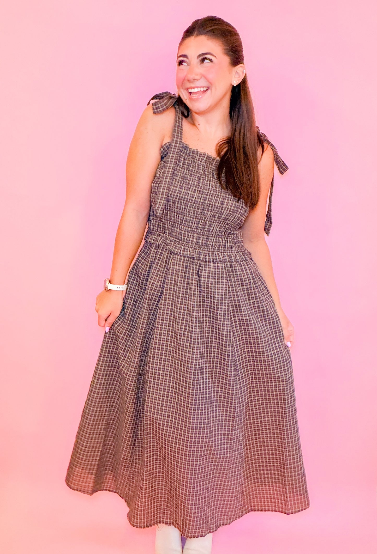PLAID SMOCKED MIDI DRESS WITH SHOULDER TIE